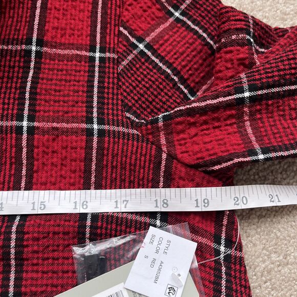 Ali Miles Tunic Top Small Plaid Wire Collar 3/4 Cinched Oversized Red Lagenlook - Picture 5 of 7